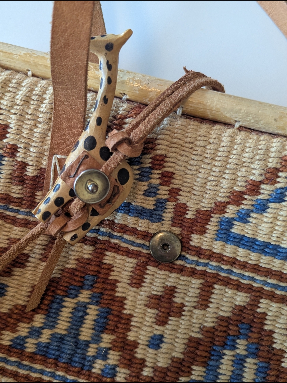 Vintage Sisal Market Jute Tote Bag Large Ethnic Boho Brown Blue - Picture 9 of 11